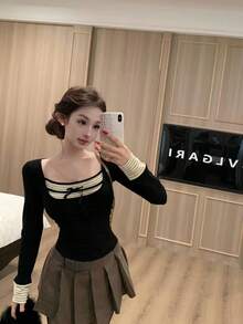 Patchwork Striped 2-In-1 Crew Neck Long Sleeve T-Shirt, Fitted Design Contrast Color Waist Women's Top, Spring/Summer Black - Black - View 5