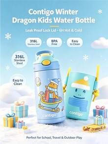 Kids Stainless Steel Vacuum Insulated Water Bottle, Leakproof Pop Up Straw Tumbler With Carry Handle, Cartoon Pattern Thermal Cup For Toddler School Outdoor - Blue - View 2