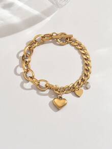 LIEBEIRIS 1 pièce Bracelet en acier inoxydable plaqué or 18K en forme de cœur pour femmes, convient pour le port quotidien et les cadeaux - Or jaune - Voir 2