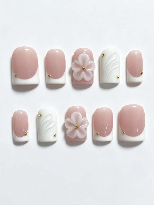 10pcs Square Handmade Press-On Nails, Nude Pink Full Coverage Fake Nails, Elegant French Style, 3D White Flower And Gold Bead Decoration, Suitable For Daily Wear, Date, Party, Women And Girls Manicure
