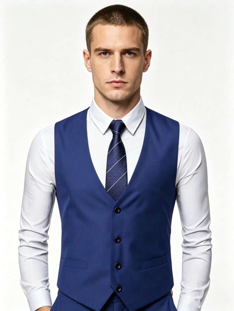 Áo vest công sở bốn nút màu trơn, trang phục trang trọng cho phù rể, áo gile công sở thường ngày, kiểu dáng ôm sát phong cách Hàn Quốc dành cho nam giới. - Màu xanh lam - Xem 1