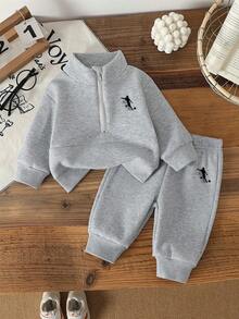 Infant Cartoon Pattern Warm High Neck Sweatshirt Jacket And Sweatpants - Grey - View 1