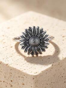925 Sterling Silver Sunflower Ring - Finely Carved, Vintage Design, High-Quality Jewelry, Suitable For Daily Wear And Party Accessories - , Hypoallergenic, Comfortable To Wear Valentines - Antique Silver - View 12