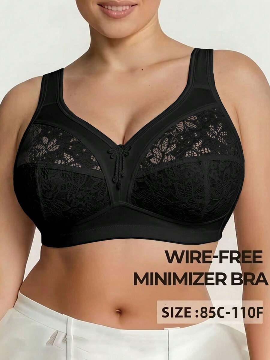 Sujetador sin aros para mujer talla grande, transpirable, antideslizante, con patchwork de encaje, push-up con fuerte soporte, tirantes ajustables, sin costuras, adecuado para uso diario y diversas ocasiones