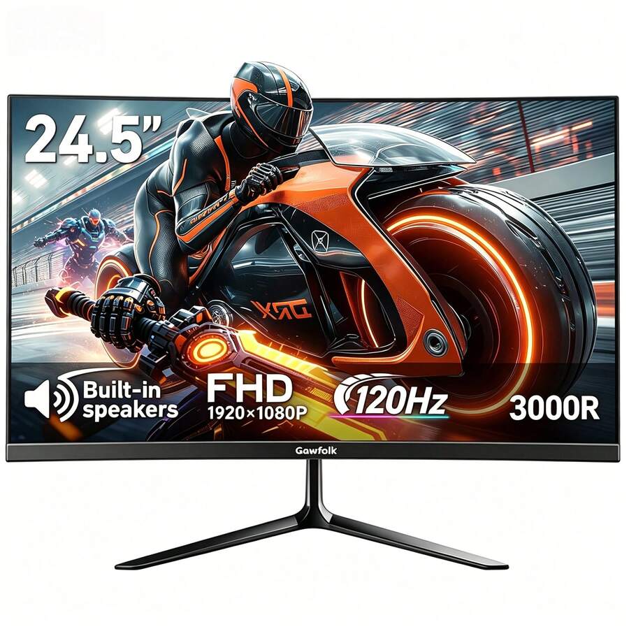 Gawfolk 24.5 Inch Black Curved Gaming Monitor, FHD 1080P PC Monitor, 120Hz 1ms MPRT Computer Display, 98% SRGB Gamut & 178° Wide Viewing Angle, Bezel-Less Ultra Slim Screen With Built-In Speakers, VGA Port & 75x75mm VESA Wall Mountable Design, Premium Monitor Gaming Equipment, Versatile For PC Computer, PC Gaming, TV Viewing, Office Work And Multimedia Entertainment, Ergonomic Curved Display For Desktop Home Use - 英規插(220-240V) - 查看 1