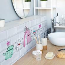1pc Dental Health Wall Sticker, Featuring Cute Tooth Characters, Toothbrush And Floss Patterns, Removable Peel And Stick Decorative Decal, Suitable For Bathroom Vanity Area Decoration, Oral Care Themed Art - Multicolor - View 7
