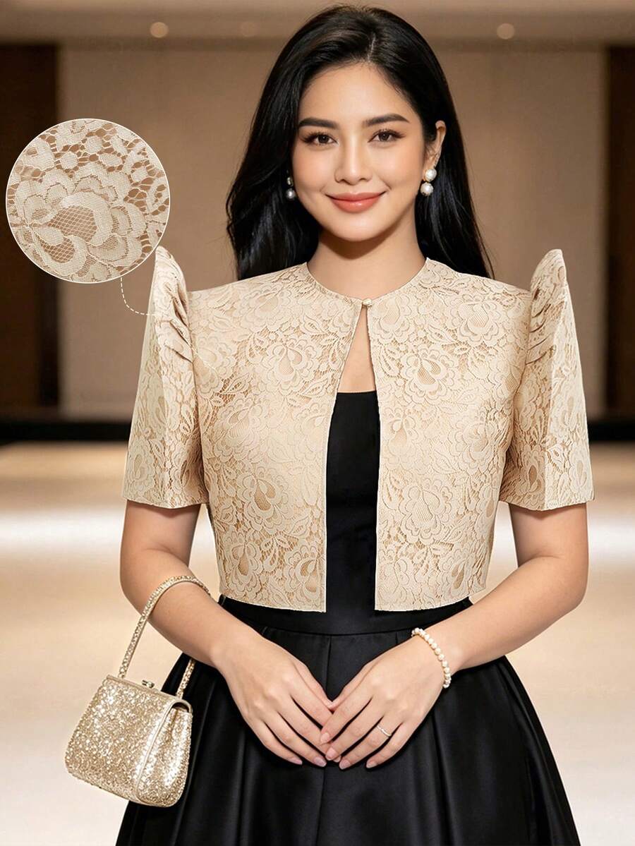 女款優雅時尚蕾絲泡泡短袖上衣,蝴蝶袖設計,靈感襯衫 - 香檳色 - 查看 1
