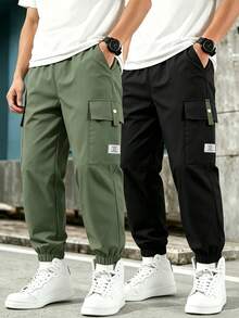 2pcs Boys Casual Long Pants Spring/Autumn, Army Green + Black Cargo Joggers, Double Side 3D Snap Button Pockets, Daily Commute & Sports Wear - Multicolor - View 2