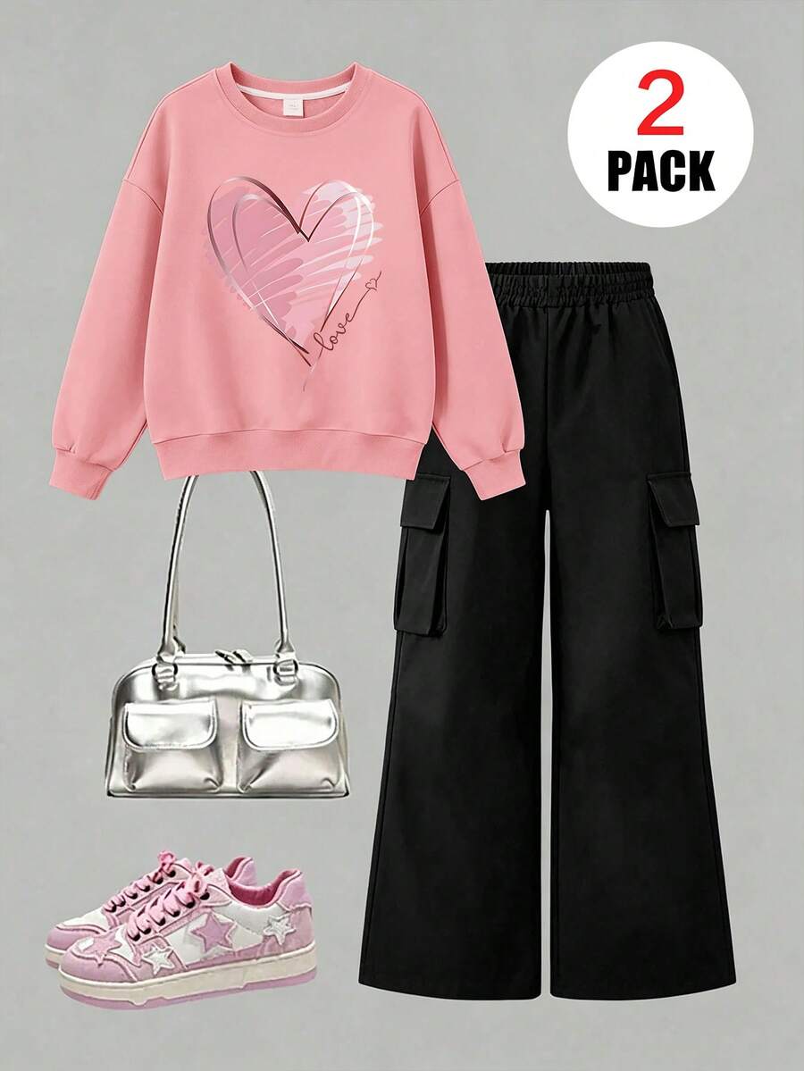 Girls 2 Pieces Set, Includes 1 Heart Print Crew Neck Long Sleeve Sweatshirt And 1 Cargo Pants, Soft Fabric Casual Outfit - Multicolor - View 1