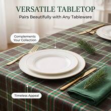 1pc Brown Green Beige Classic Scottish Plaid Tablecloth, Natural Vintage Style Fabric, Rectangular With Ruffle Edge And Pleated Detail, Decorative And Functional For Home Long Table, Suitable For Christmas, Family Dinner, Party And Winter Holiday Home Decor - Dark Green - View 7