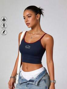 Women's Colorblock Sports Tank Top Bra, Suitable For Fitness, Yoga, Running - Navy Blue - View 3
