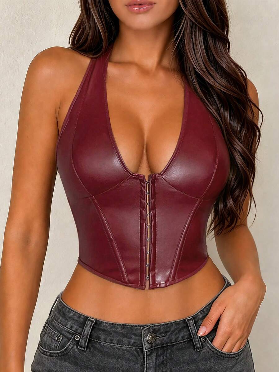 Apperloth A Áo tank top da PU cổ chữ V đính đinh tán phía trước, buộc dây sau, kiểu dáng Y2K, áo crop top, áo gợi cảm hở eo, thích hợp cho các bữa tiệc rave mùa hè. - Màu Đỏ Sâu - Xem 1