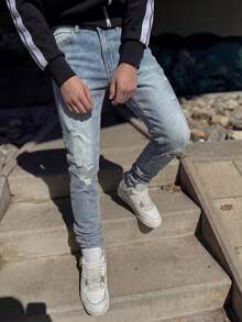 Slim Fit Distressed Stretch Denim Jeans, Blue Wash With Natural Fading And Multiple Frayed Ripped Details, Soft And Elastic Fabric, Creating A Rebellious Vintage Street Style - Blue - View 3