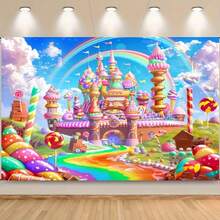 1 Peça Painel de Bottom Reino de Doces, com Pirulitos, Perfeito para Celebração de Aniversário com Tema de Doces Mais Doces, Projetado para Mulheres. Inclui Castelo de Sorvete e Faixa de Festa Arco-Íris - Multicolorido - Visão 7