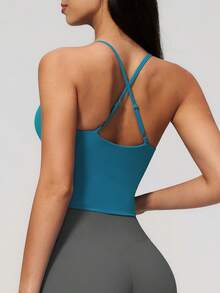 NcmRyu Women's 1pc Solid Color Adjustable Thin Criss-Cross Back Strap V-Neck Waist-Exposing Camisole - Blue - View 3