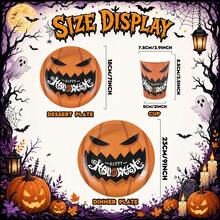 10/30/50 Piece Set /Retro Orange Jack O Lantern Pumpkin Face 7/9 Inch Round Paper Plates And Cups Set,Pumpkin Graphic Detail For Fast Table Setup,Disposable Paper Tableware For Halloween Party,Spooky Season,Dessert Table,Outdoor Picnic,Camping BBQ - Multicolor - View 1