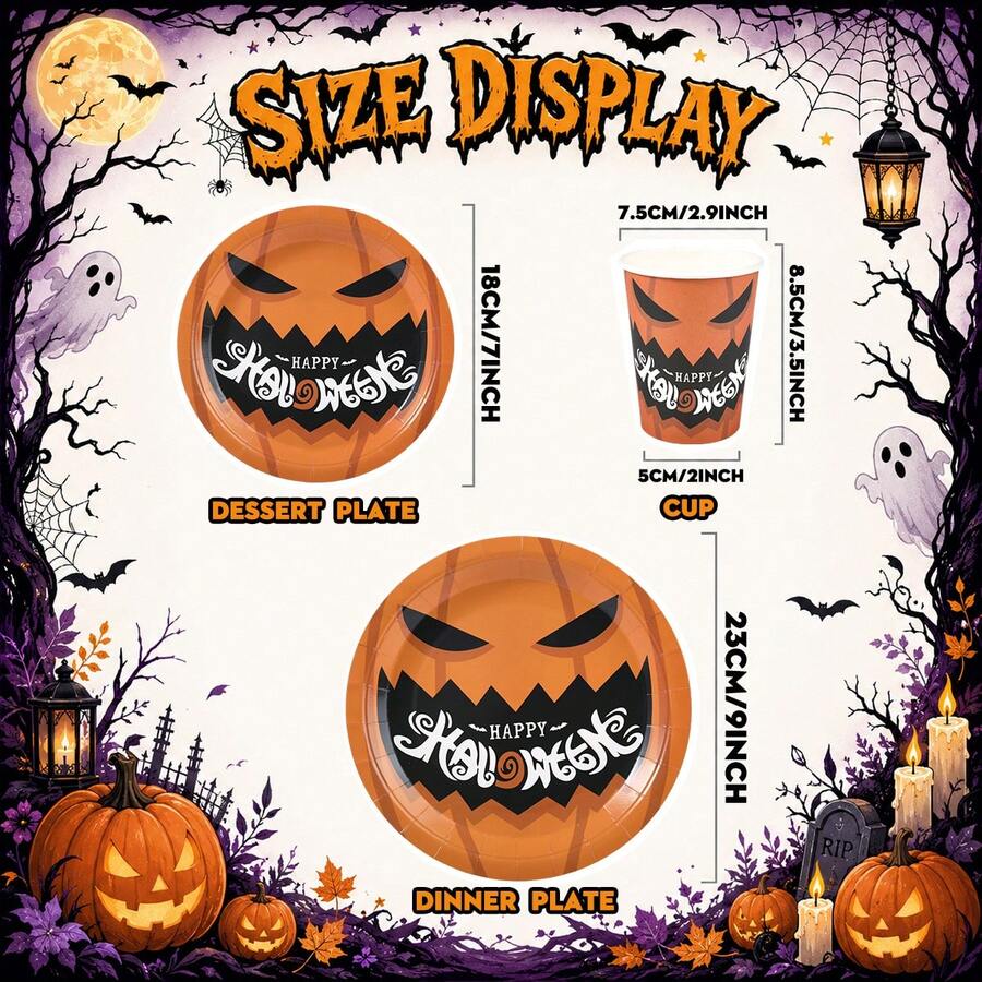 10/30/50 Piece Set /Retro Orange Jack O Lantern Pumpkin Face 7/9 Inch Round Paper Plates And Cups Set,Pumpkin Graphic Detail For Fast Table Setup,Disposable Paper Tableware For Halloween Party,Spooky Season,Dessert Table,Outdoor Picnic,Camping BBQ - Multicolor - View 1
