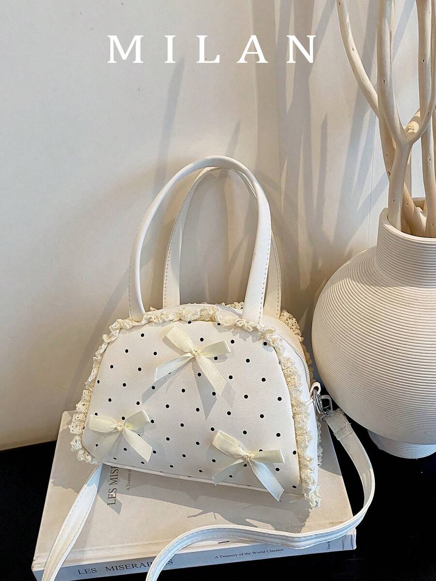 Bolso bandolera con lazo decorativo, encaje, volantes y lunares - Beis - Ver 1