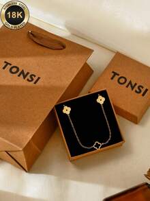 TONSI 1 Stück elegante, minimalistische Edelstahl-Anhänger-Kette mit Kleeblatt und Pflaumenblüten-Verschränkung, Geschenkbox, geeignet für den täglichen Gebrauch von Frauen, Geschenk für Mutter, Ehefrau, Muttertag und andere Feiertage/Geburtstage - Gold - Übersicht 1