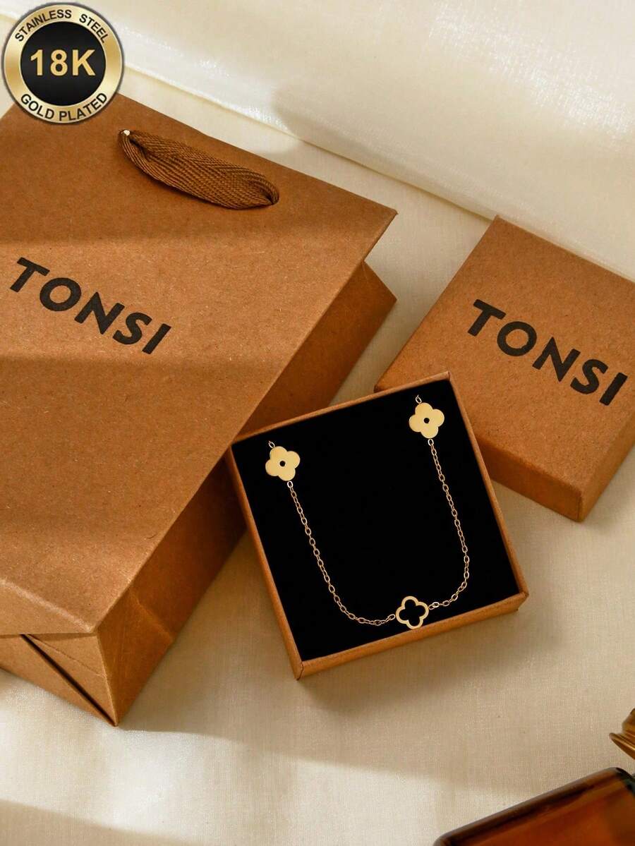 TONSI 1 Stück elegante, minimalistische Edelstahl-Anhänger-Kette mit Kleeblatt und Pflaumenblüten-Verschränkung, Geschenkbox, geeignet für den täglichen Gebrauch von Frauen, Geschenk für Mutter, Ehefrau, Muttertag und andere Feiertage/Geburtstage - Gold - Übersicht 1