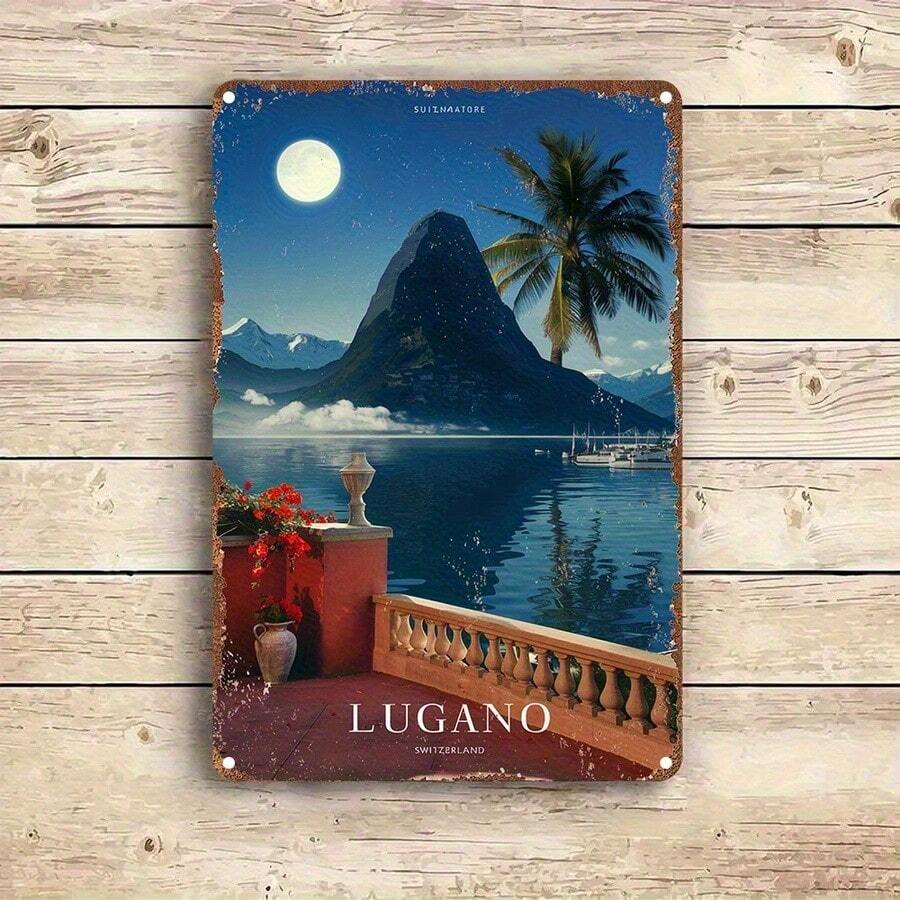 [2D FLAT] 1pc Lugano Switzerland Vintage Art Poster Aluminum Sign, 2D Wall Decor, Ideal Gift, Retro Style Room Decor for Bedroom, Kitchen, Game Room, Balcony, Garden, Porch, Bar, Restaurant, Cafe, Club, Gym, Bathroom, Leisure Area, Office, Garage - Foil Engraving - 1PC - Übersicht 1
