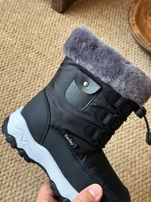 兒童雪地靴，男孩女孩通用雪地靴，戶外靴，露營靴，保暖加厚 - 黑色 - 查看 8