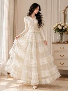Personalized Sweet & Cool Mesh Patchwork Layered Cake Skirt, Slouchy Vibe Atmosphere Long Skirt, - Multicolor - View 1