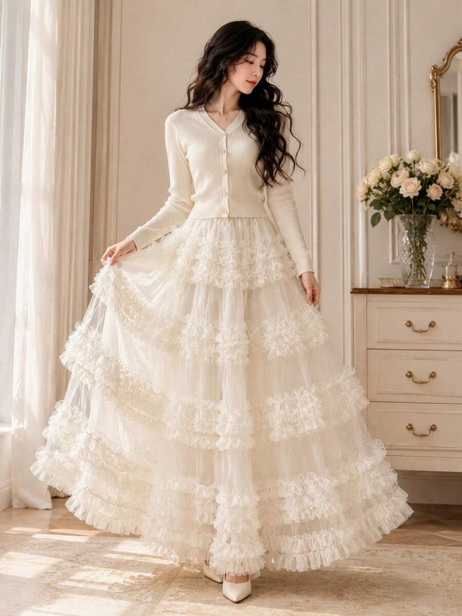 Personalized Sweet & Cool Mesh Patchwork Layered Cake Skirt, Slouchy Vibe Atmosphere Long Skirt, - Multicolor - View 1