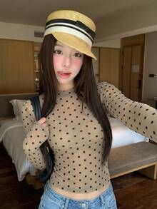 Sexy Hot Girl Style Coffee Polka Dot Mesh Long Sleeve T-Shirt Women Summer Slim Fit Flattering Design Layering Sheer Minimalist Top Vacation - Brown - View 4