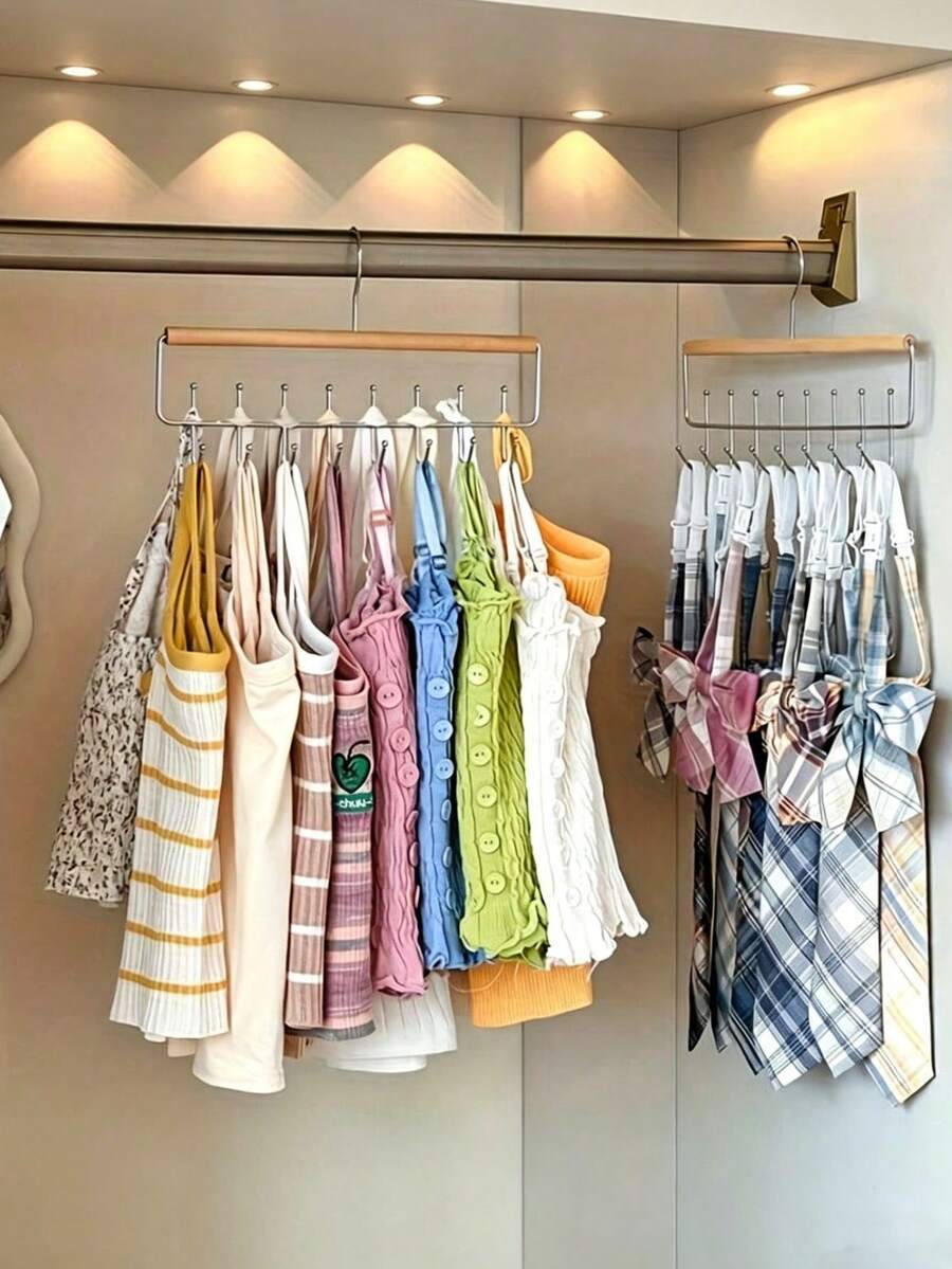 1Pc Multi‑Functional Space‑Saving Wooden Hanger With 8 Rotatable Metal Hooks, Hat & Purse Organizer, Dorm Closet Storage Essential For Back‑To‑School College Students
