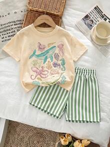 2pcs/Set Girls Toddler Cute Minimalist Fresh Ocean Animal Print Short Sleeve T-Shirt + Striped Shorts Casual Versatile 2-Piece Outfit - Apricot - View 1