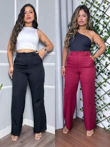 Kit Of 2 Women's Tailored Wide Leg High-Waisted Straight-Leg Trousers, Elegant Office Casual Pants With Pockets - 黑色與酒紅色套裝 - 查看 1