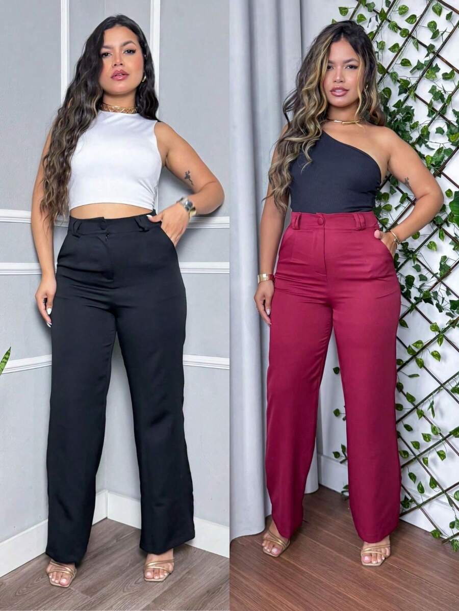 Kit Of 2 Women's Tailored Wide Leg High-Waisted Straight-Leg Trousers, Elegant Office Casual Pants With Pockets - 黑色與酒紅色套裝 - 查看 1
