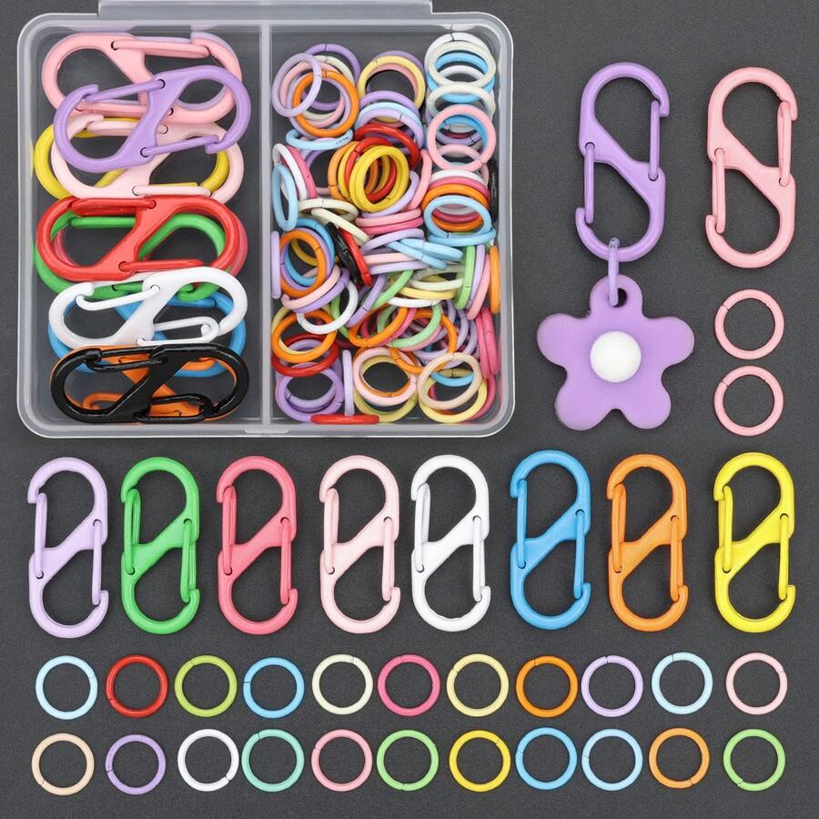 120pcs/Box DIY Keychain Making Parts Set, Random Mixed Colors, Includes S-Shaped Spring Lobster Clasps And Jump Rings, Zinc Alloy Figure-8 Hook Connectors, Suitable For Braided DIY Bag Charms, Keychains, Open Connectors, Keychain Accessories Making Materials, DIY Key Ring Accessories - Double-ended Spring Clasp & Jump Ring - View 1