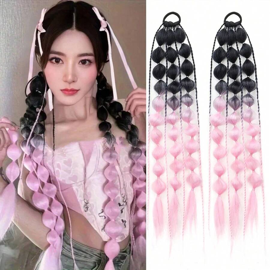 - Set de 2 piezas de extensiones de cabello sintético degradado de 24 pulgadas, con banda elástica de fijación para mujeres, adecuado para fiestas de cumpleaños y peinados festivos, accesorio de cabello tipo peluca. - S350A/60 - Ver 1