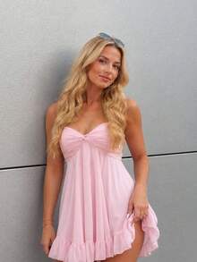 Women's Solid Color Mini Spaghetti Strap Twist Backless Sundress, Cute Romantic Pink Mini Dress Party Wedding - Pink - View 4