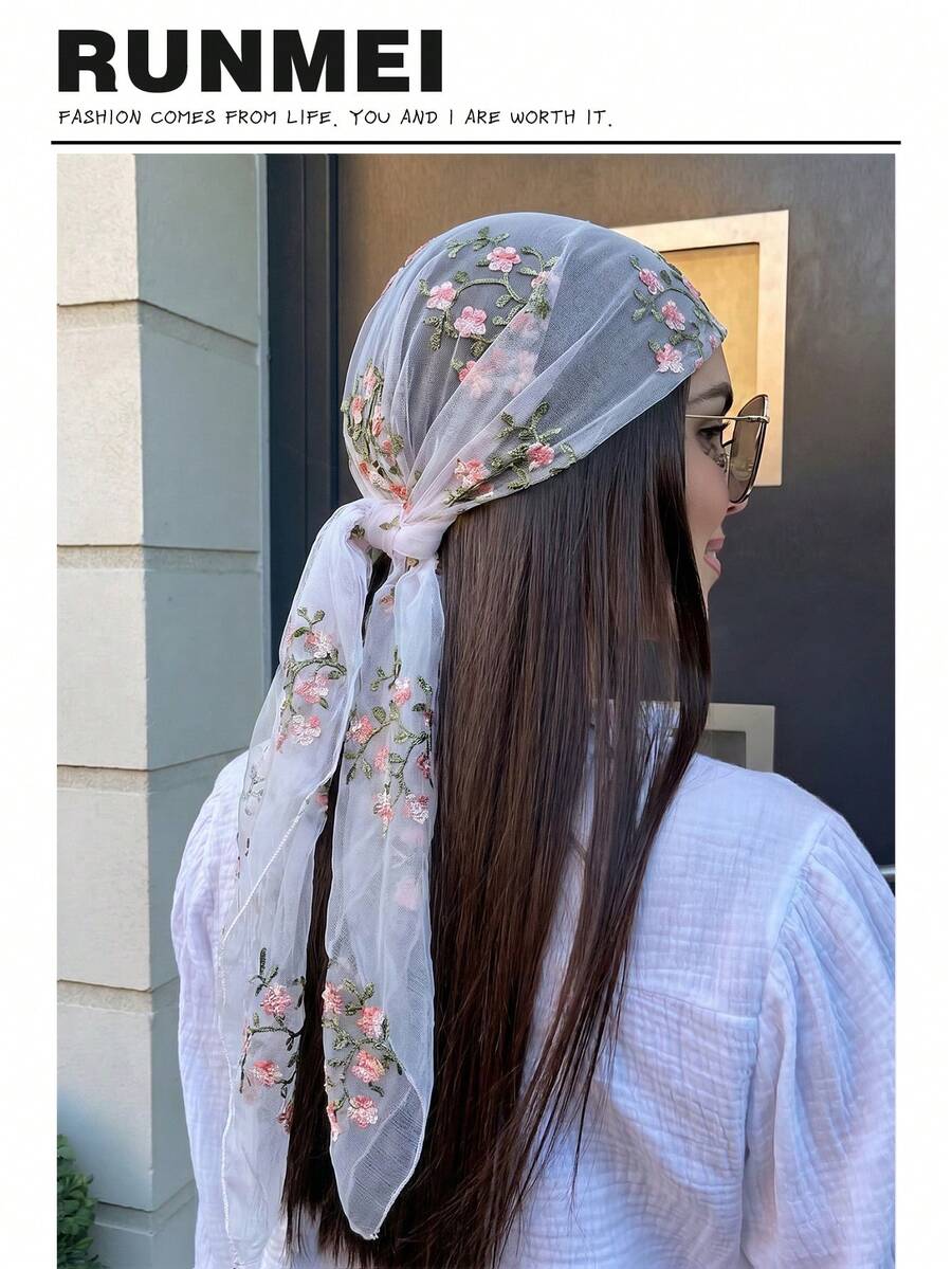 1pc Women's Summer Embroidered Vintage Style Thin Gauze Headscarf, Classic Silk Scarf Headwrap, Outdoor Travel Bohemian Style Head Accessory - White - View 1