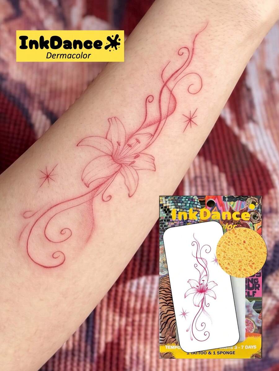1 Set "Pink Tulip" Temporary Tattoo Stickers, Realistic Tattoo, Y2K Vacation Style Minimalist Floral, Waterproof, Realistic Tattoo Effect, Colorful, InkDance, Ink Dance, Easy To Apply And Remove CSD073 - Multicolor - View 1