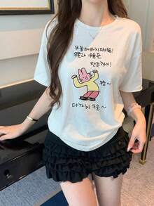 大尺碼女款休閒極簡短袖上衣，印有卡通角色圖案，時尚百搭白色夏季款 - 白色 - 查看 7
