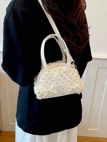 Bolso bandolera con lazo decorativo, encaje, volantes y lunares - Beis - Ver 10
