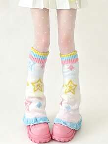 1 Pair Japanese Sweet Style Trumpet Leg Warmers, Dopamine Candy Colorful Ruffle Cuff, Foldable Y2K Star Cartoon Knit Wide Leg Leg Warmers, Soft Girl Daily Outfit - Multicolor - View 4