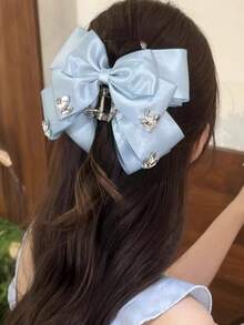 New Versatile Fashionable Satin Bow Ribbon Hair Clip For Women, Elegant Back-Of-Head Rhinestone Top Hair Claw, Cute ABS Plastic Hair Accessory, Suitable For All Seasons - Multicolor - View 3