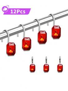 12pcs Luxury Design Square Transparent Diamond Crystal Gemstone Shiny Shower Curtain Hooks, Rust-Proof Metal Rhinestone Fashion Shower Curtain Rings - Multicolor - View 9