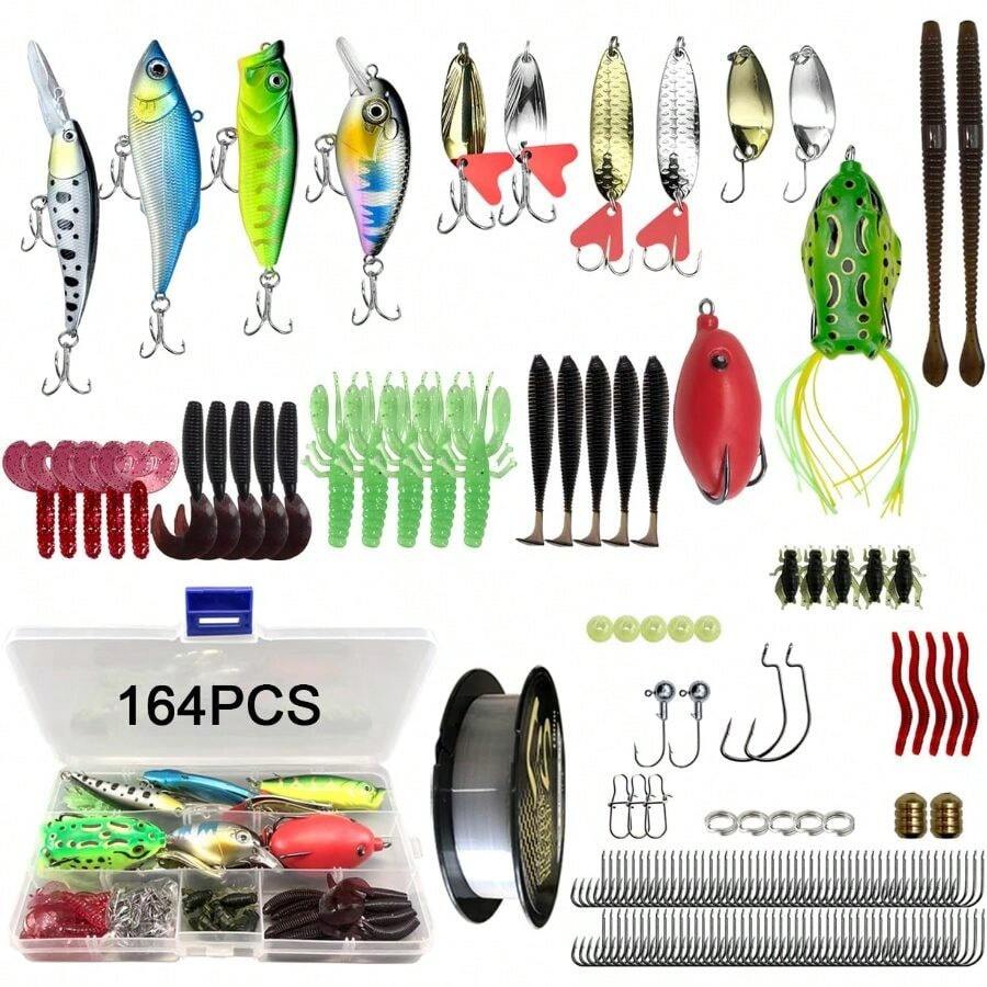 164PCS Kit de Señuelos de Pesca, Señuelos de Pesca para Cebo de Agua Dulce para Lubina, Accesorios de Señuelo, con Caja de Almacenamiento, Una Variedad de Señuelos Correcaminos - Multicolor - Ver 1