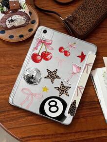 1pc Red Cherry Black Leopard Print Star Tablet Case Compatible With IPad Mini6/7/Air/Air2/9.7/10.2/10.5/10.9 (Air4-Air8)/Pro 11/10th Gen/A16/Pro 11 2024, Double-Sided Painted Pattern Tablet Cover With Transparent Acrylic Back Shell, Silk Texture 8-Fold Stand, Auto Sleep/Wake, Built-In Pencil Slot, Pen Not Included, Some Models With Camera Frame - Multicolor - View 3