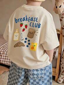 Infant Boy Cute Food Pattern Back Print Basic T-Shirt, Milk Strawberry Croissant Cartoon Pattern Loose Fit Summer Top - Apricot - View 8