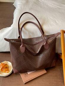 極簡時尚大容量牛津布女款托特包，輕量多功能單肩包，休閒手提包 - 咖啡 - 查看 10