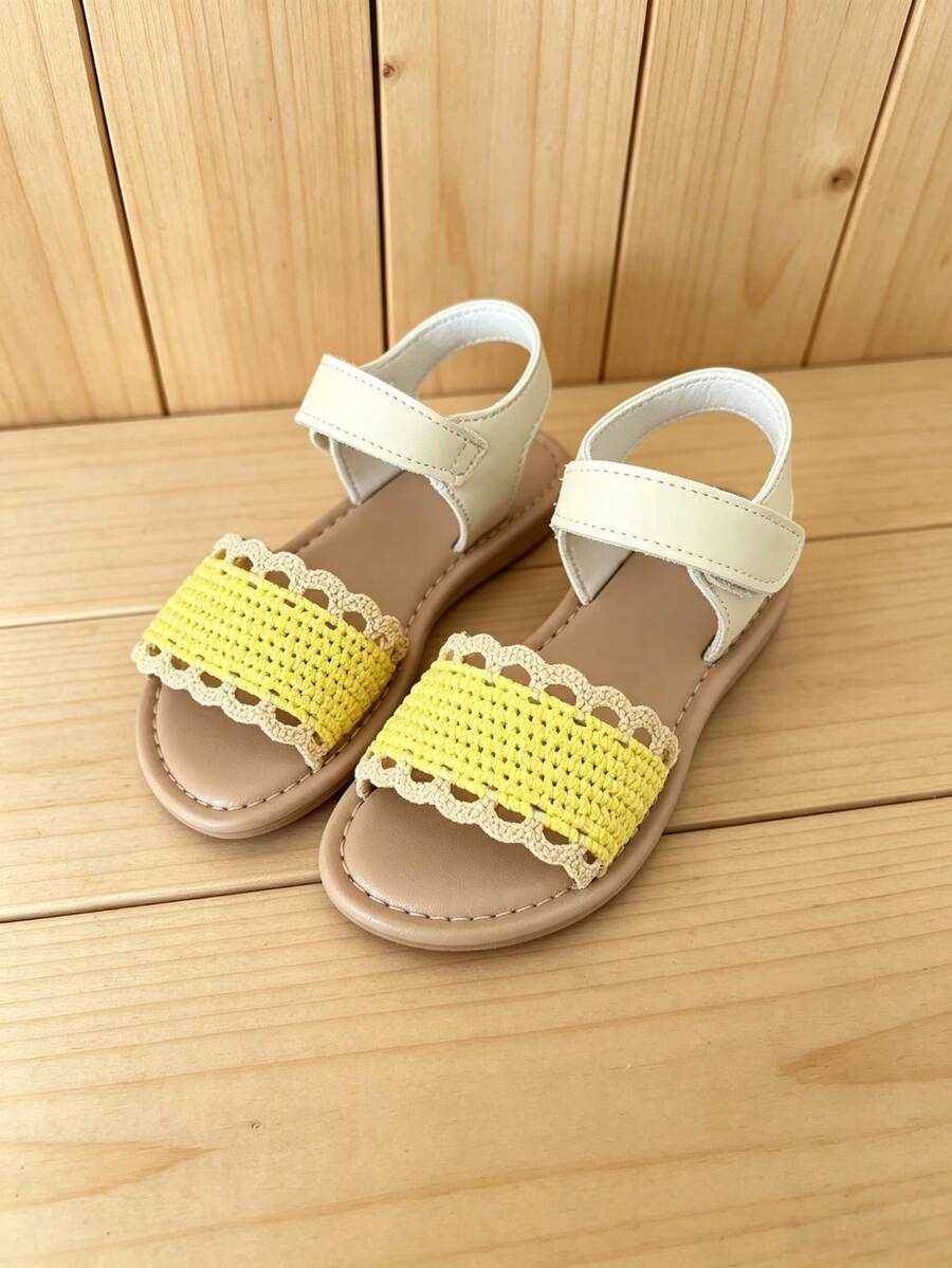 1 Pair 2026 Girls' Yellow Ruffle Crochet Wide Strap Hook & Loop Open Back Open Toe Flat Sandals, Summer Beach Casual - Ginger - View 1