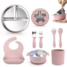 8pcs Baby Led Weaning Stainless Steel Tableware Set, Plates, Bowls, Stainless Steel Forks Spoons, Bibs, Customizable With Names And Patterns - Multicolor - View 15