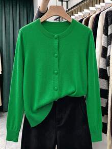 GIGOGOU 大尺碼 1XL-4XL 秋冬基礎款女式針織開襟衫，柔軟舒適休閒長袖毛衣上衣，秋季外套 - 綠色 - 查看 2
